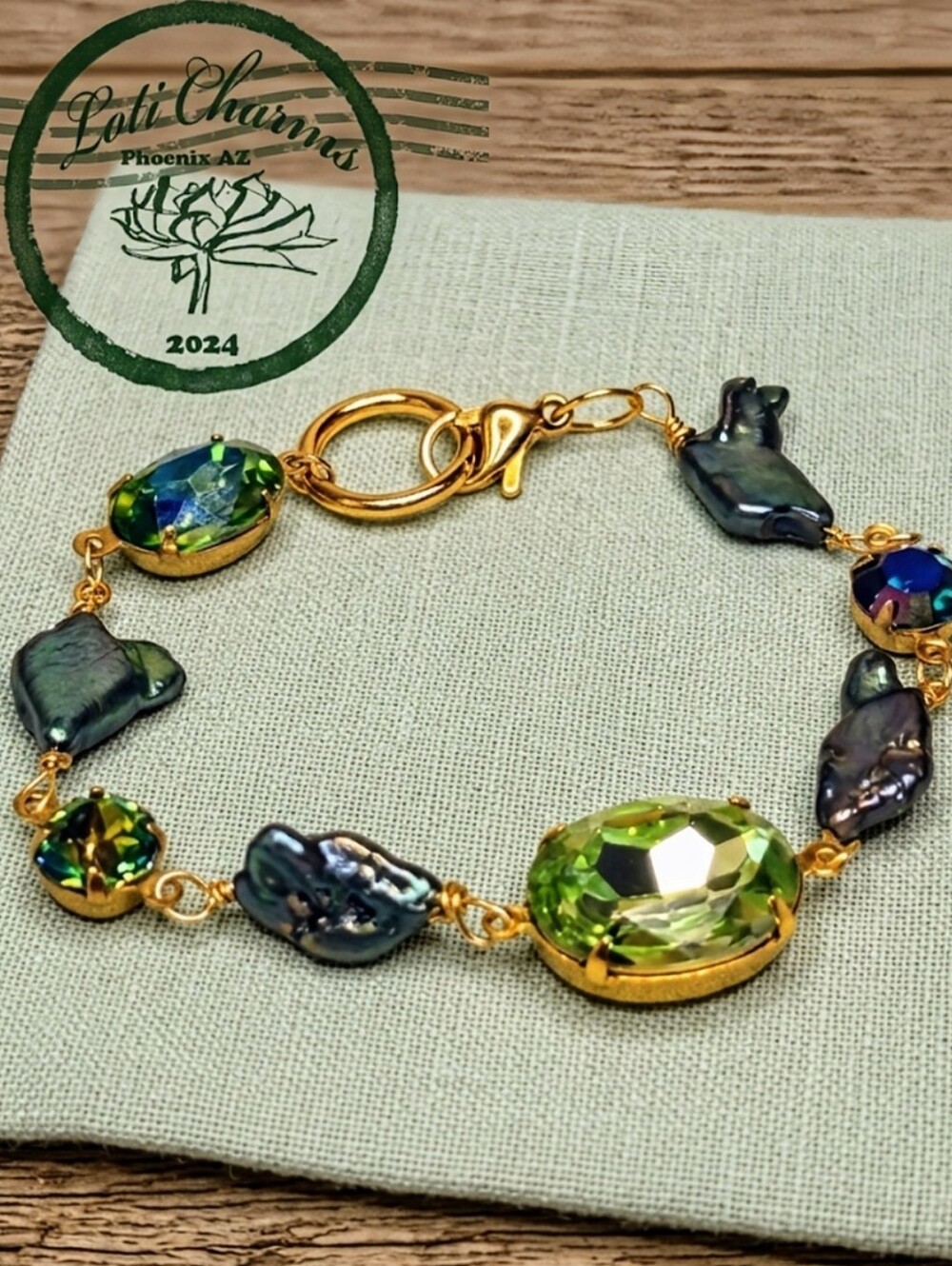 Swarovski Crystal Peridot Green & Genuine Peacock Green Bracelet In Gold Plated